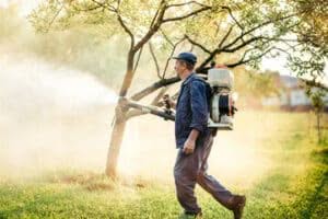 disinfestatore che effettua un intervento di disinfestazione in un parco